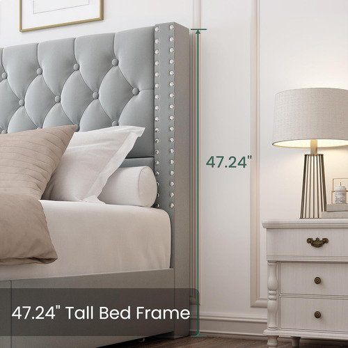 Base De Cama King Size Fabricada En Lino Con 4 Cajones Gris