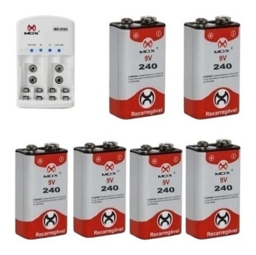 6 Bateria Mox 9v 240mah Recarregável + Carregador Rápido