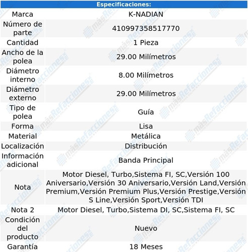 Polea Distribucion 29.00mm K-nadian Audi Q7 V6 3.0l 08 Al 15
