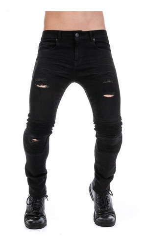 Imagen 1 de 10 de Pantalón Jeans Negro Biker Hombre Skinny Mezclilla Stretch