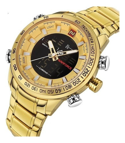 Relógio Masculino Dourado Naviforce 9093 Inox Digital Luxo
