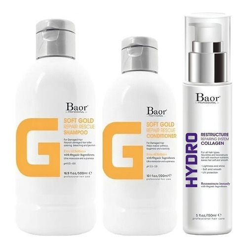 Shampoo Reparador + Acondicionador + Hydro Baor G Soft Gold