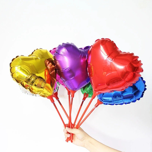 Globo De Corazón Colores Mate 25cm Con Soporte X 5 Unidades