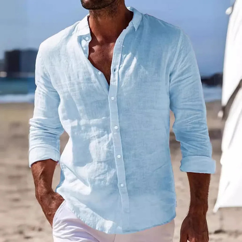 Camisa Casual De Algodón Y Lino De Manga Larga Con Botones P