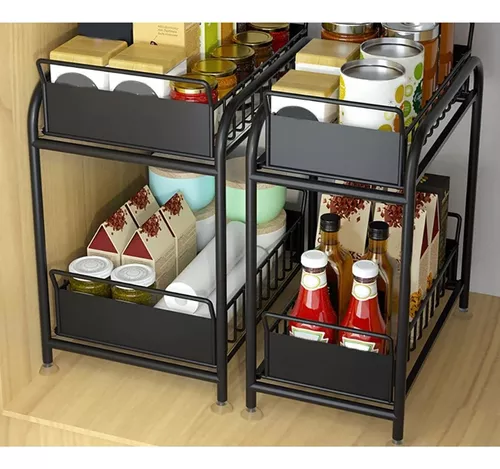 Organizador De Cocina Bajo Mesada Alacena 2 Estantes Cajones Color Negro —  Clemur