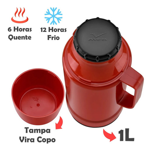 Garrafa Café Termica 1lit Invicta Viagem Trabalho 6h Quente Cor Vermelho