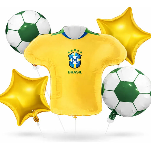 Kit 5 Balões Metalizados Camisa do Brasil Bola Futebol Amarelo Feminino Masculino Decoração Festa