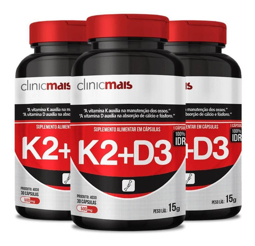 Kit 3x Vitamina K2 + Vitamina D3 30 Cápsulas Clinicmais