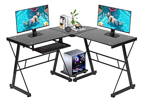 L Shaped Computer Desk Corner Desk Glass Laptop Table W...