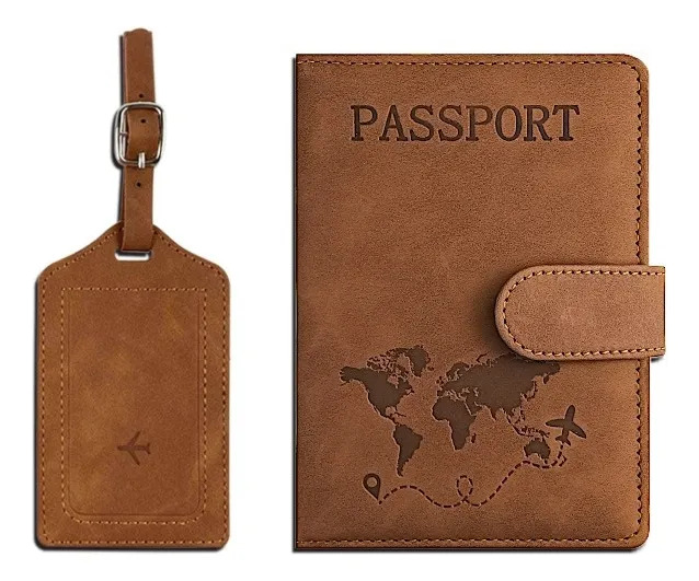 Porta Pasaporte Funda Protectora Espacio Para Visa Rfid Viaj Color Marrón Diseño De La Tela Liso