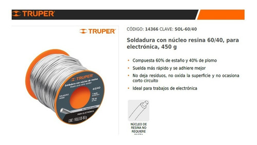 Soldadura Con Nucleo Resina Electronic 60/40 450gtruper14366