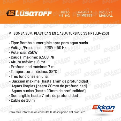 Imagen 2 de 9 de Bomba Sum Plas 3 En 1 Agua Turbia 0.33 Hp Lusqtoff (llp-250)