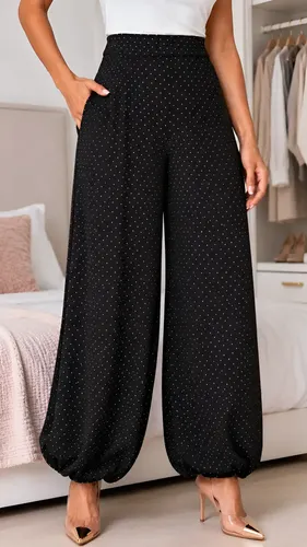 Calça Feminina Aladim Em Poá Poás Cós Alto Bolso Lateral Preto Poás Poás Branco