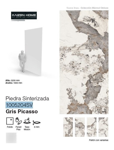 Piedra Sinterizada Pulida Gris Picasso (1600*3200*6) Mm 