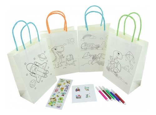 Bolsa Para Colorear Niño X4 Con Stickers Y Marcadores Color Blanco Dibujos