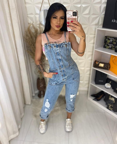 Macacão Jardineira Jeans Feminino Rasgada Lançamento 2019 | Mercado Livre