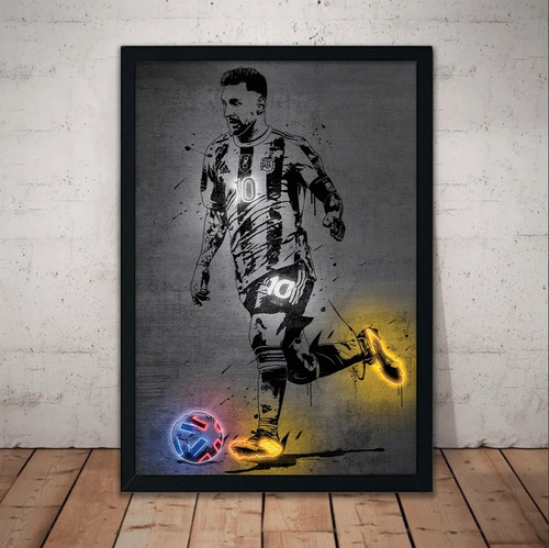 Cuadro Lionel Messi 51x36 Marco Madera Vidrio Poster Lm11