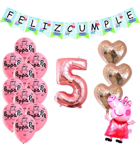 Combo Kit Deco Globos Peppa Pig 65cm+numero 70cm+feliz Cumpl