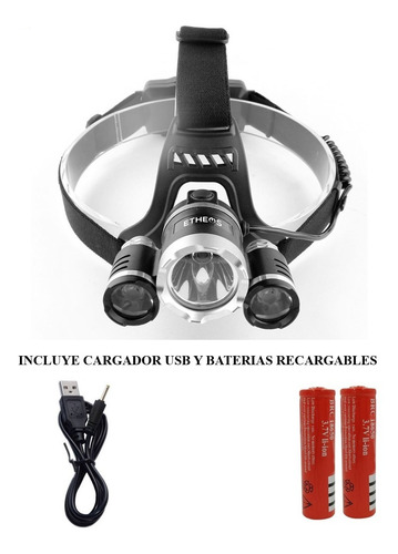 Imagen 3 de 10 de Linterna Led Recargable Minero Vincha 3 Cree T6 Usb 12v