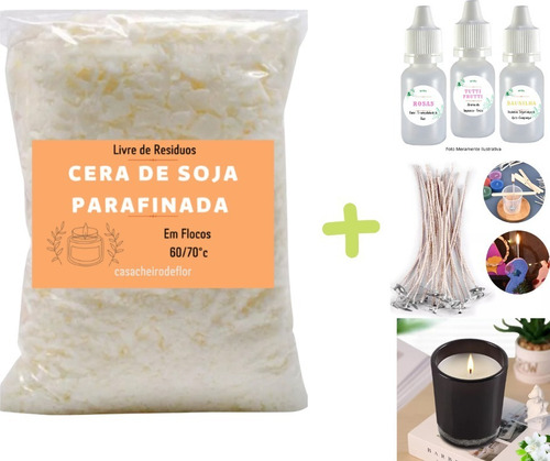 Kit 1kg Cera Parafinada Soja Ecomix + 3 Essências + 10 Pavio