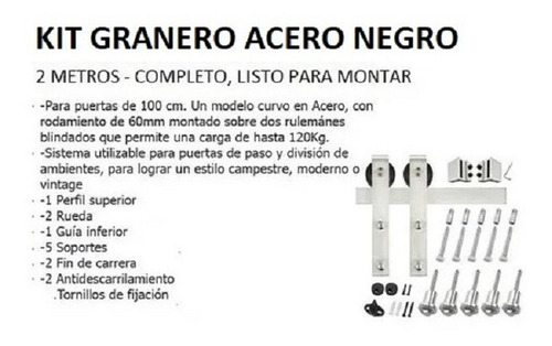 Imagen 7 de 9 de Kit Granero Premium Acero Negro Guia De 2 Mts. Completo