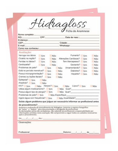 Bloco 100 Folhas Ficha Anamnese Hidragloss 15x21cm