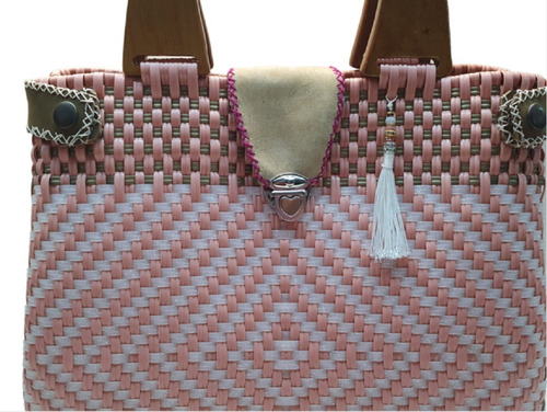 Bolso Tejido A Mano Auténtico Colorido Artesanal Toquilla Color Rosa