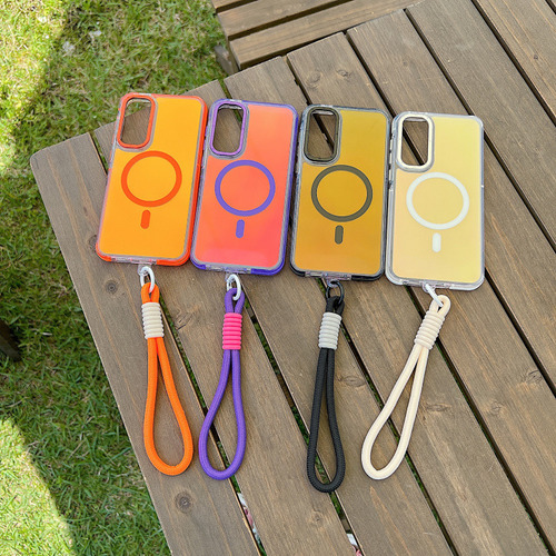 Funda De Teléfono Con Cordón Magnético Para Samsung Galaxy A56 A36 A26 A16 A06 A55 A54 A53 A35 A34 S25 Ultra Aurora Con Decoloración Láser