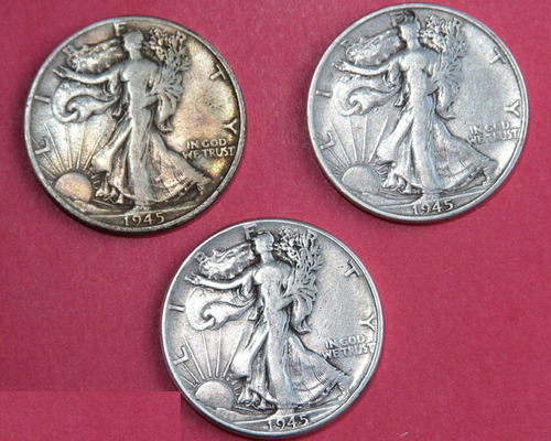 3 Moneda Plata 1945 P D S Walking Liberty Half Dolar 50c Kq5