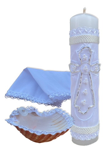Conjunto Bautizo Premium: Vela, Concha Y Pañuelo - Manolo