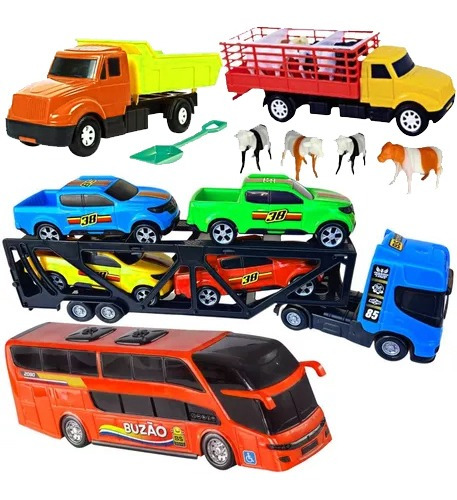 Kit Carreta Cegonheira Brinquedo Ônibus Caminhão Animais