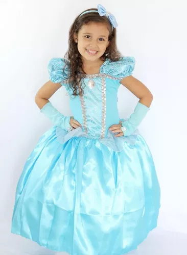 Vestido Cinderela Infantil de Luxo Longo Com Coroa e Luvas