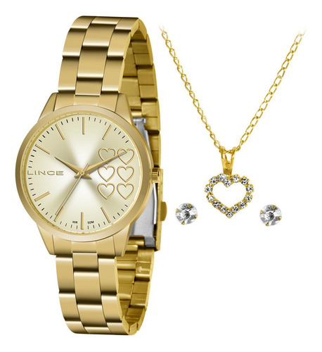 Relógio Feminino Lince Lrg4681 Dourado + Brincos E Colar