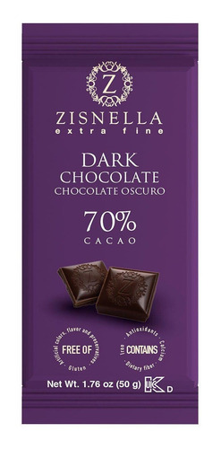 Imagen 2 de 2 de Zisnella Chocolate Oscuro Premium 70% Cacao 12 Uds De 50g