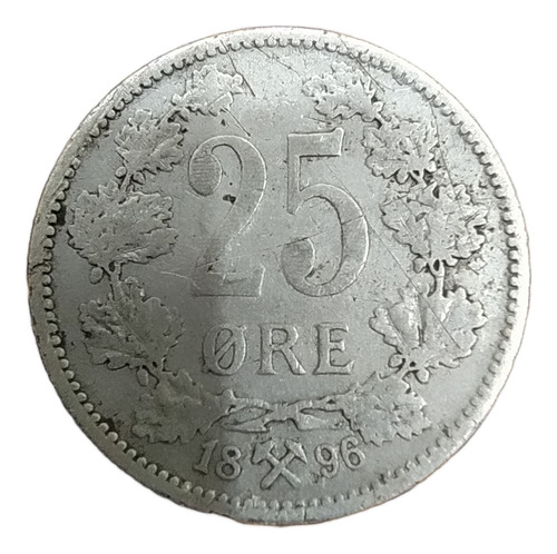 Antigua Moneda De Plata 25 Ore Noruega 1896 Km# 360