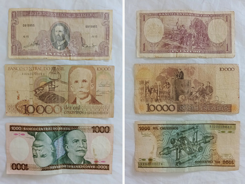 3 Billetes Extranj Antig Cruzeiro Br, Escudo Chi Numismática