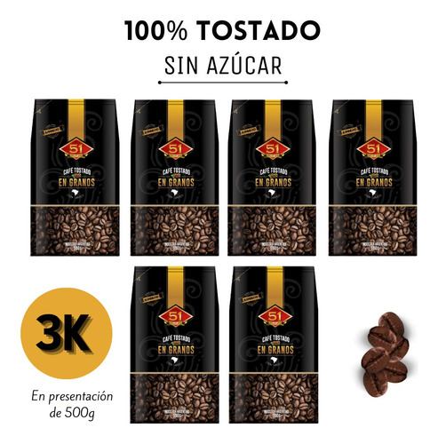 Café 51 Tostado Granos X 3 Kilos (6 Paquetes De 500g)