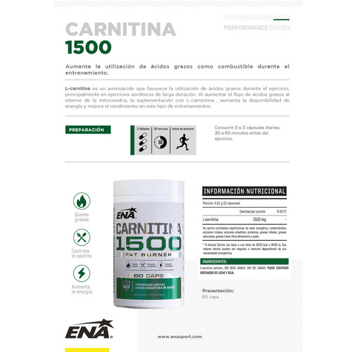 Imagen 3 de 3 de Suplemento en cápsulas ENA Sport Carnitina 1500 Mg en pote de 46.2g 60 un
