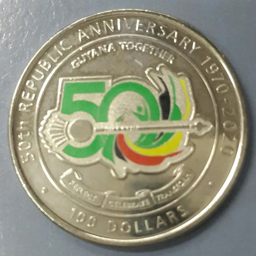 Moneda Guyana 100 Dolares Año 2020 50 Aniv Republica Color