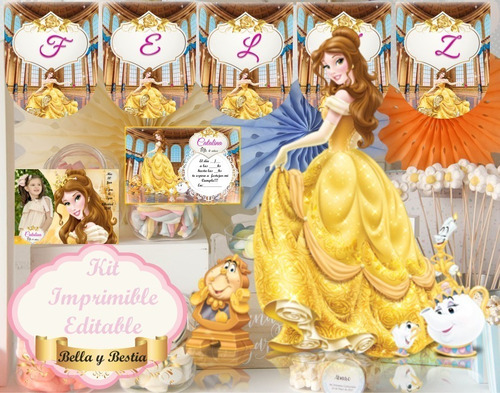 Kit Imprimible Bella Y Bestia Editable Banderines Invitacion