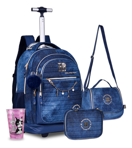 Kit Mochila Estojo Lancheira Jeans Copo Oficial Meninas Rb