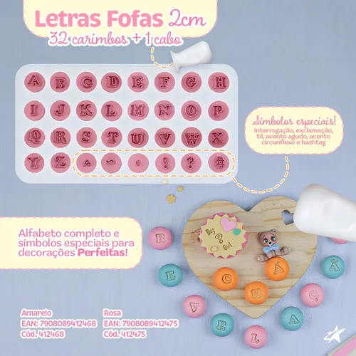 comprar Kit 32 Carimbos Letras Fofas 2cm Para Brigadeiros Bluestar Cor Rosa