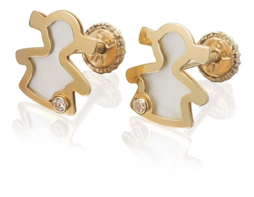 Aretes De Oro 14k Broquel Circonia Con Perla Muñeca Giallo