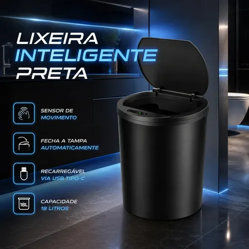 Lixeira Inteligente Automática Preta Universal Com Sensor Recarregável EarMan company Anti Odor 16L Recarregável USB Abr
