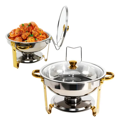 Rechaud 5litros Redondo Inox Banho Maria Buffet Festa Coz Com Tampa Acessório Para Fogão A Álcool Cor Prata Dourado Yesop