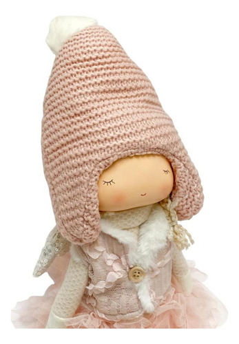 Boneca Angel Sentada Rosa Com Gorro Em Trico 55cm