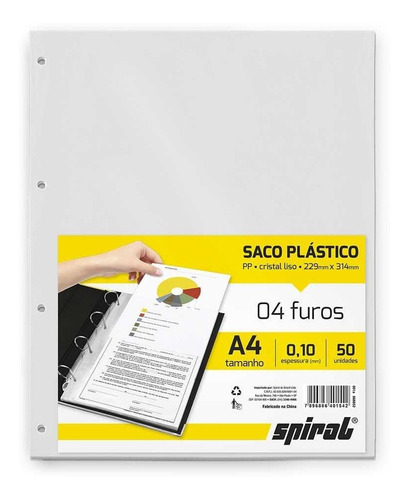 Saco Plástico Pp A4 4 Furos 0,10mm A410-50 50 Unidades