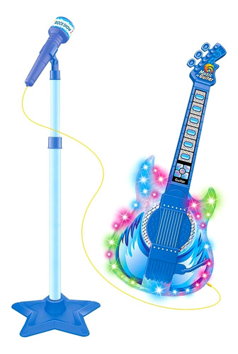Guitarra E Microfone Infantil Azul Com Som E Luz Meninos