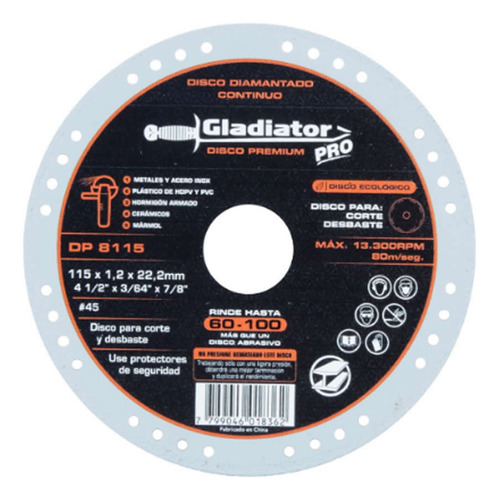 Disco Gladiator Dp 8115 Multi Corte 115 Mm Metal Marmol Mf