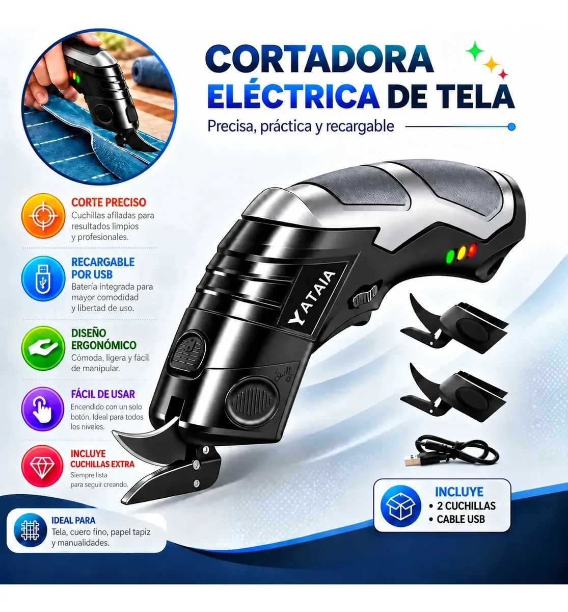 Yataia Cortadora Eléctrica Inalámbrica Recargable Para Tela, Cartón Y Papel, Tijeras Portátiles Para Costura, Manualidades, Empaque, Hogar, Oficina Y Bricolaje